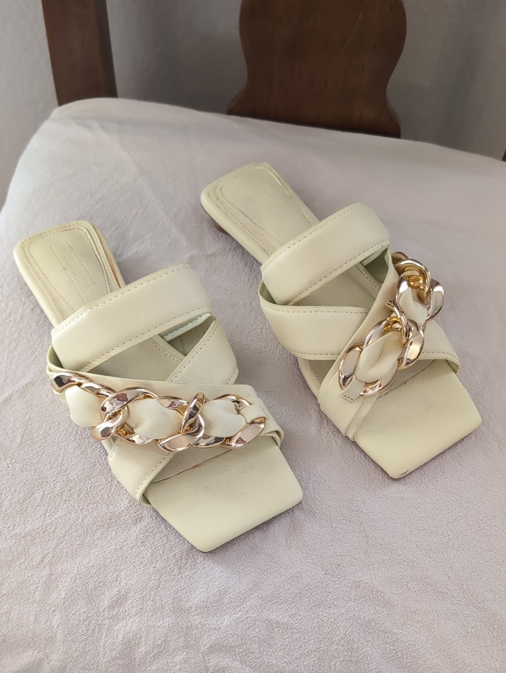 River Island Cream Slide Mules with Gold Chain